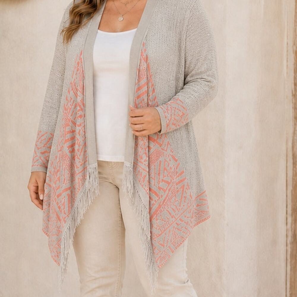 Say What? Lightweight Open-Front Cardigan Sweater with Coral Print & Fringe SZ L
